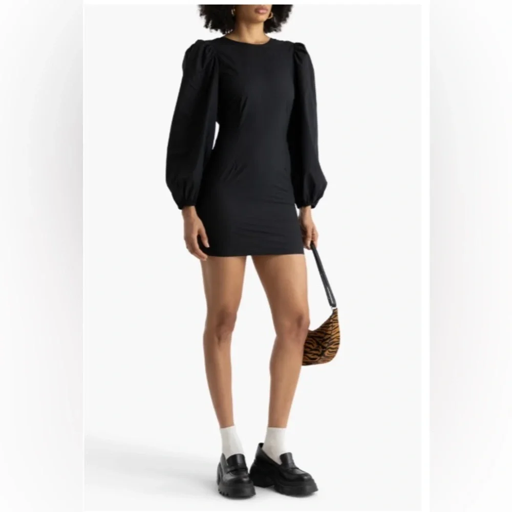 GANNI Sleek Minimalist Poplin Open Back Puff Sleeve Black Mini Dress Size 38 US8